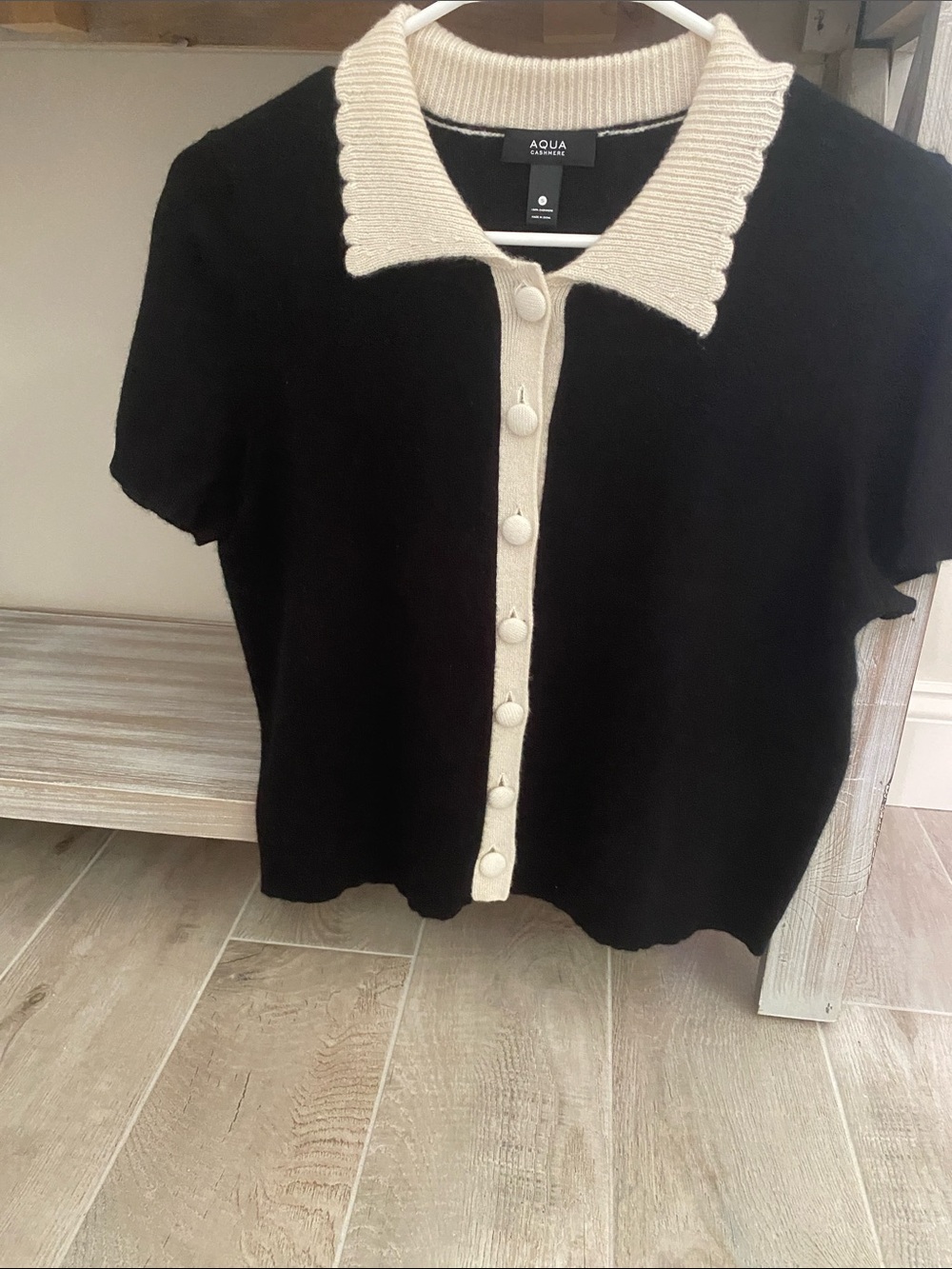 Aqua Black Short Sleeve 100% Cashmere Knit Cardigan with Cream Trim